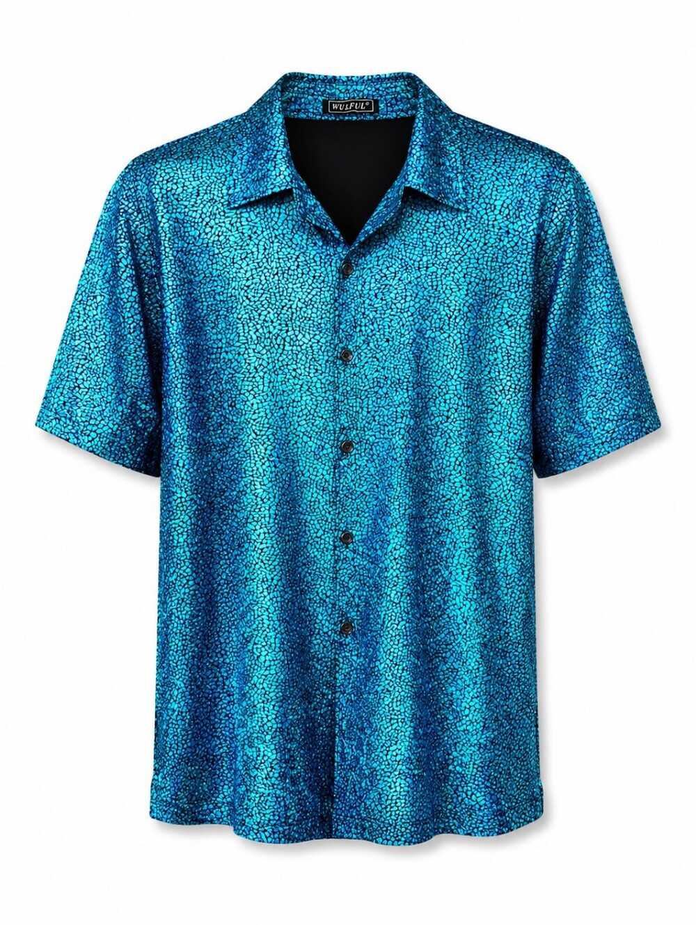 WULFUL Men's Medium Shiny Metallic Blue Disco Party Shirt Short Sleeve Button Up
